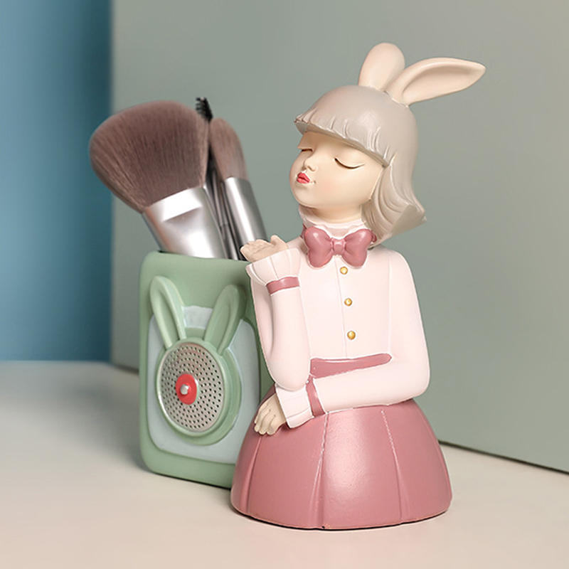 동물 연필 홀더 귀여운 토끼 소녀 크리 에이 티브 화장품 스토리지 주최자 다목적 데스크탑 장식 동상 홈 장식품